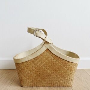 Woven Straw Bucket Bag with Cream Leather Trim